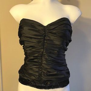 90s Vintage Steppin' Out Black Ruched Satin Strapless Top with Sequins Size 12